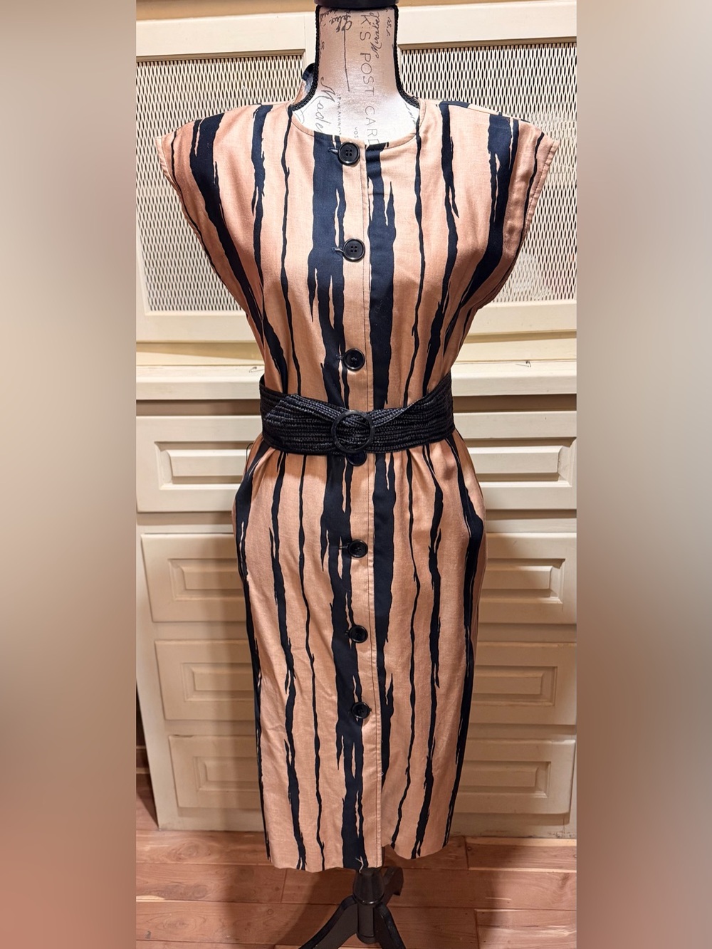 VTG David Warren I. Magnin Brushstroke Button Front Dress W/Belt Pockets